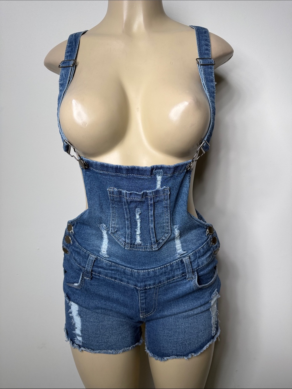 Distressed Blue Denim Short Overalls for Women